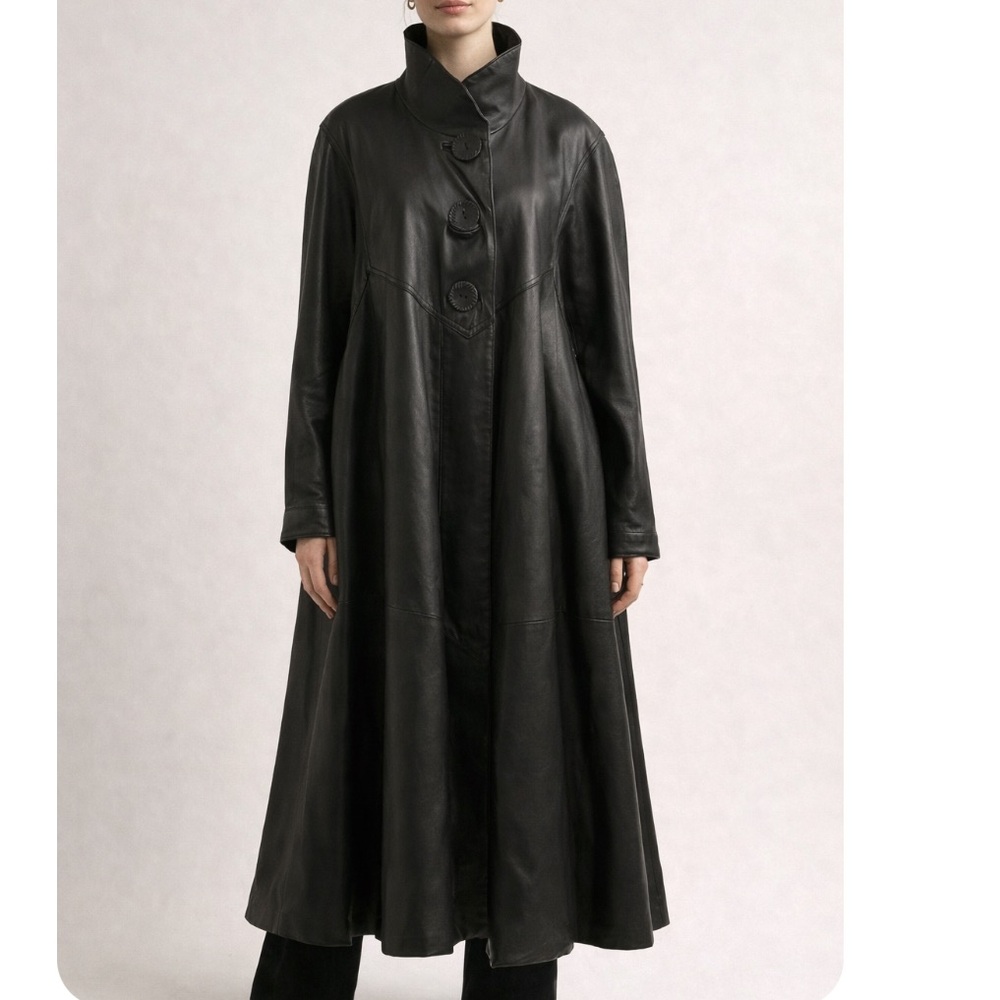 Damselle Black Leather Swing Coat Oversized High Collar Statement Jacket